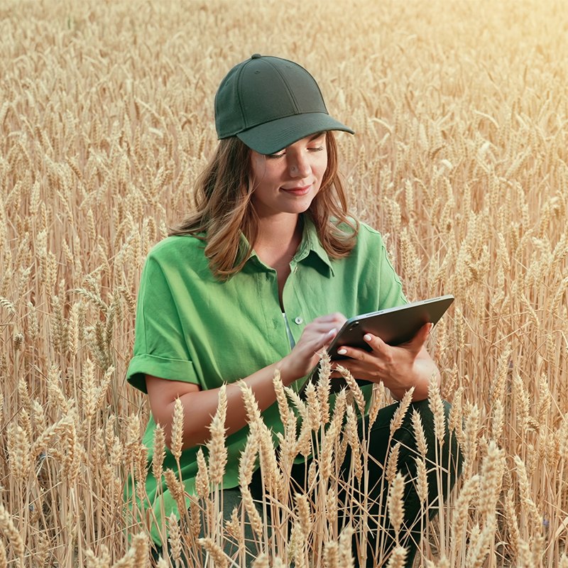 Agricultora a consultar um tablet num campo de trigo