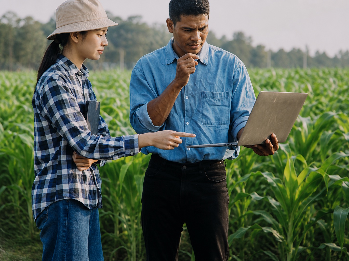 Team analysiert digitale Daten auf einem landwirtschaftlichen Betrieb